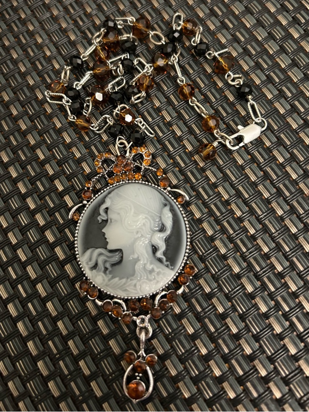Hand Crafted Cameo Necklace with Brown and Black Crystals - Picture 6 of 7